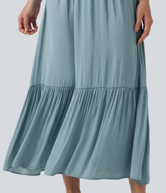 V Neck Short Sleeve Flowy Midi Casual Dress