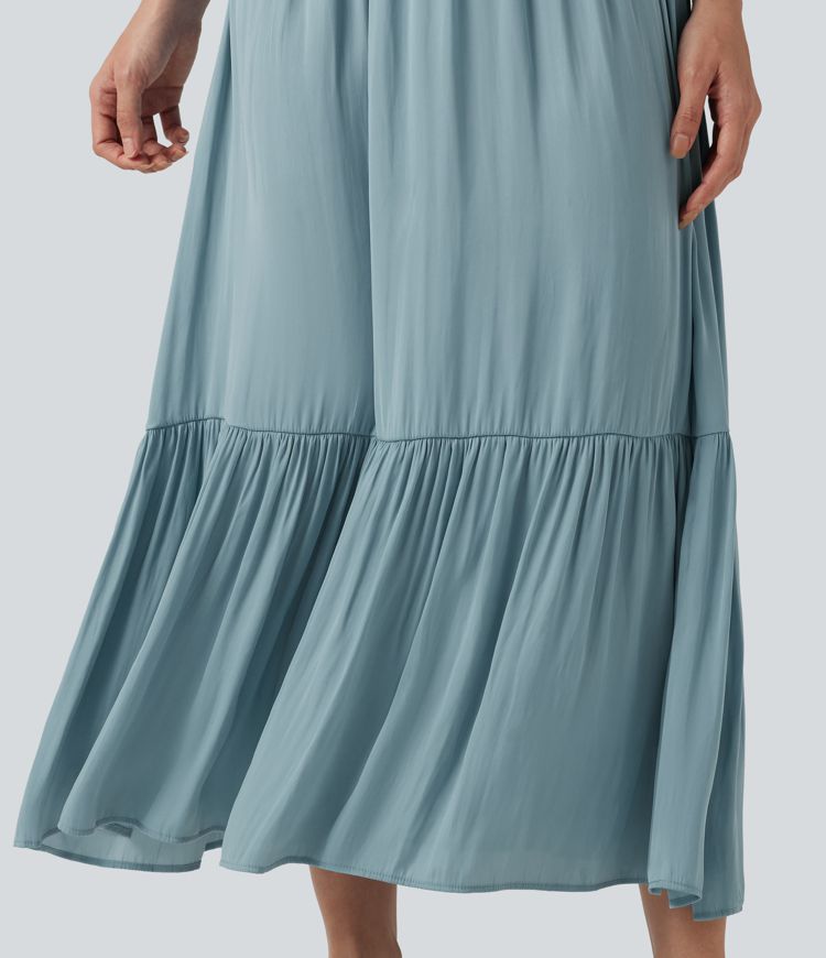 V Neck Short Sleeve Flowy Midi Casual Dress