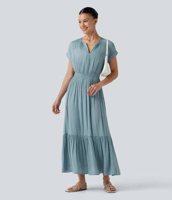 V Neck Short Sleeve Flowy Midi Casual Dress