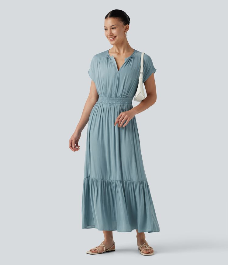 V Neck Short Sleeve Flowy Midi Casual Dress
