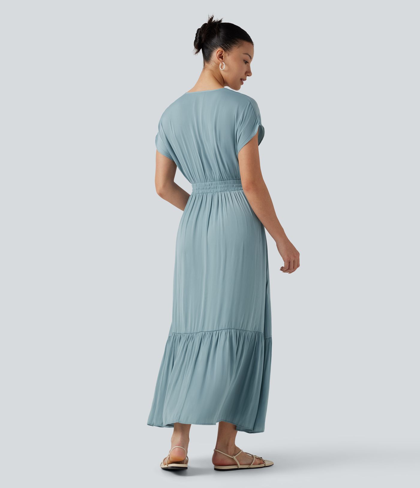 V Neck Short Sleeve Flowy Midi Casual Dress