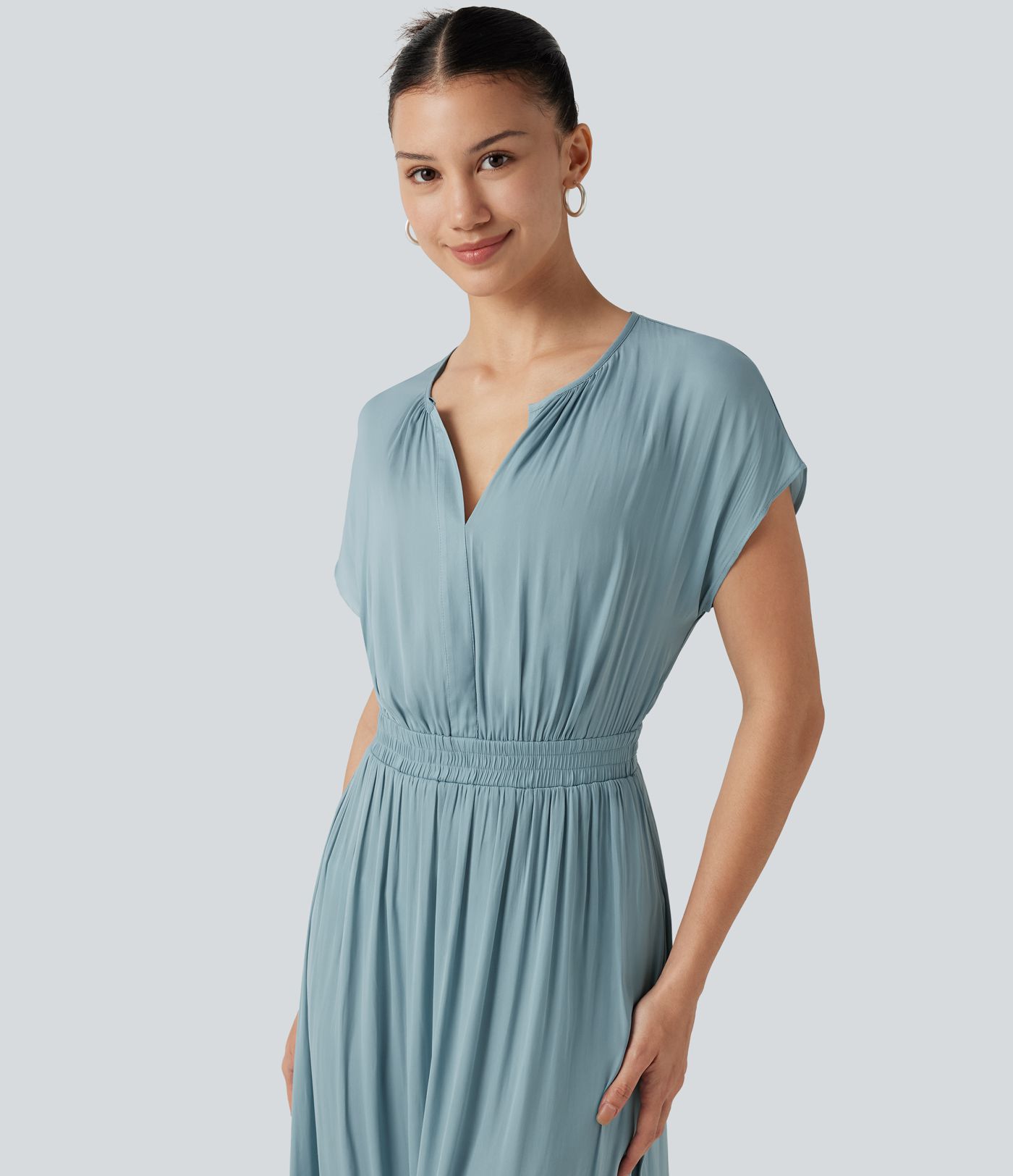 V Neck Short Sleeve Flowy Midi Casual Dress