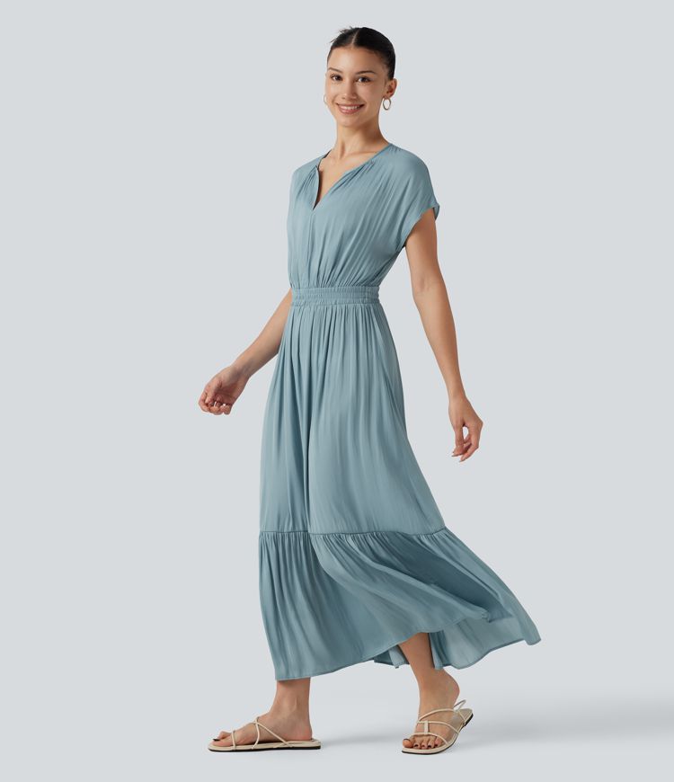 V Neck Short Sleeve Flowy Midi Casual Dress