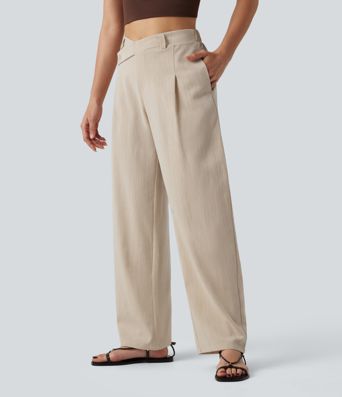 Pantalones de trabajo asimétricos de talle medio con pernera tipo barril, tacto de lino y bolsillos