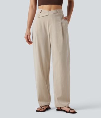 Pantalones de trabajo asimétricos de talle medio con pernera tipo barril, tacto de lino y bolsillos
