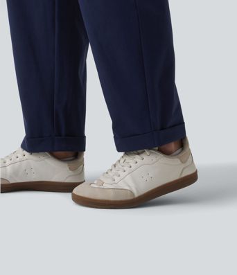 Pantalon casual fuselé 7/8 taille mi-haute plissé en popeline extensible à ourlet retroussé avec poches Pantalon casual fuselé 7/8 taille mi-haute plissé en popeline extensible à ourlet retroussé avec poches