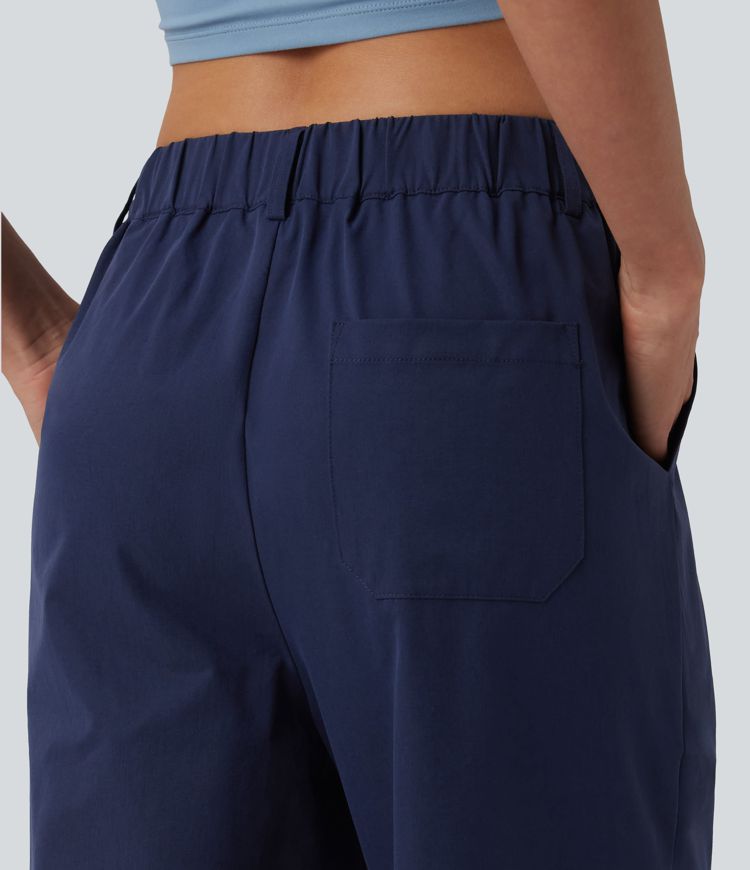 Pantalon casual fuselé 7/8 taille mi-haute plissé en popeline extensible à ourlet retroussé avec poches Pantalon casual fuselé 7/8 taille mi-haute plissé en popeline extensible à ourlet retroussé avec poches