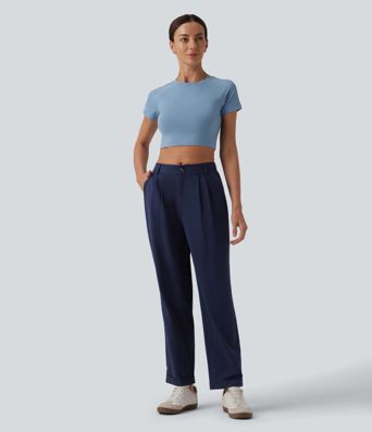Pantalon casual fuselé 7/8 taille mi-haute plissé en popeline extensible à ourlet retroussé avec poches Pantalon casual fuselé 7/8 taille mi-haute plissé en popeline extensible à ourlet retroussé avec poches