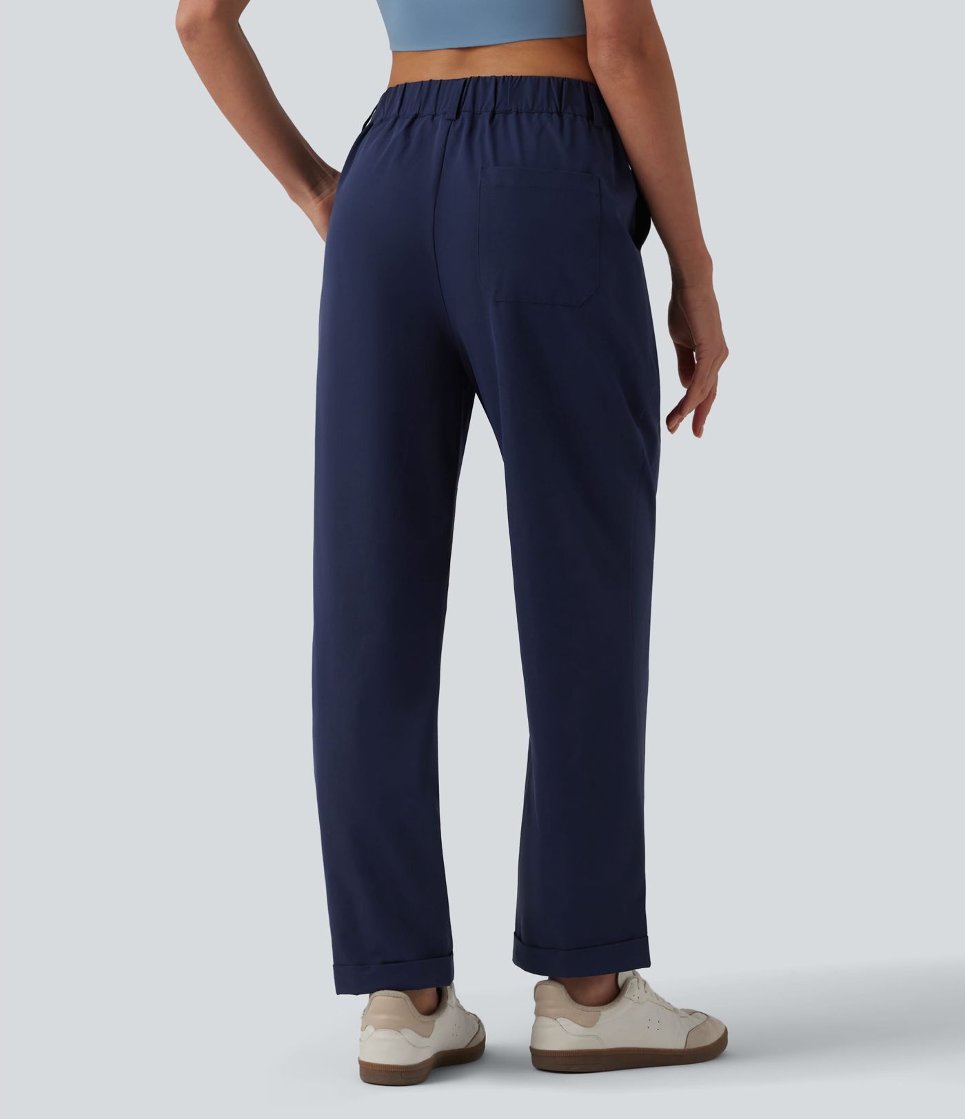Pantalon casual fuselé 7/8 taille mi-haute plissé en popeline extensible à ourlet retroussé avec poches Pantalon casual fuselé 7/8 taille mi-haute plissé en popeline extensible à ourlet retroussé avec poches