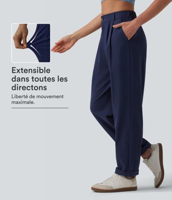 Pantalon casual fuselé 7/8 taille mi-haute plissé en popeline extensible à ourlet retroussé avec poches Pantalon casual fuselé 7/8 taille mi-haute plissé en popeline extensible à ourlet retroussé avec poches