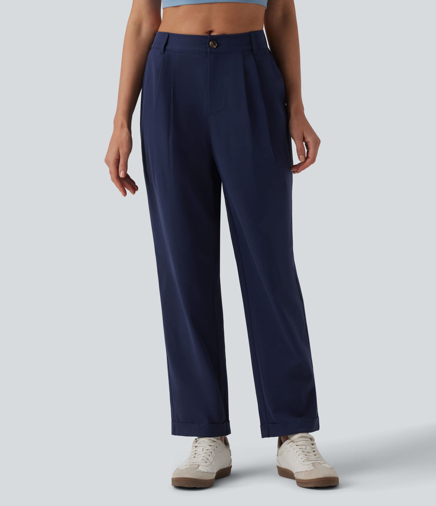 Pantalon casual fuselé 7/8 taille mi-haute plissé en popeline extensible à ourlet retroussé avec poches Pantalon casual fuselé 7/8 taille mi-haute plissé en popeline extensible à ourlet retroussé avec poches