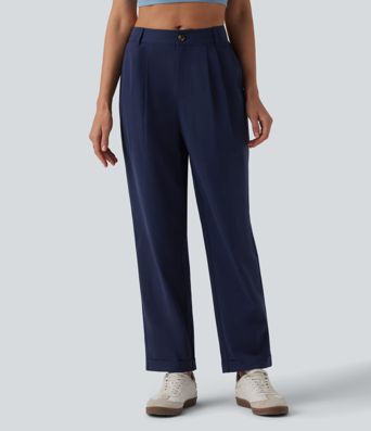 Pantalon casual fuselé 7/8 taille mi-haute plissé en popeline extensible à ourlet retroussé avec poches Pantalon casual fuselé 7/8 taille mi-haute plissé en popeline extensible à ourlet retroussé avec poches
