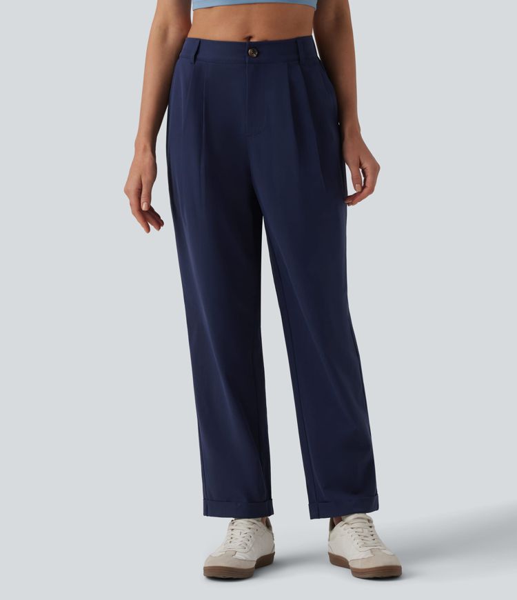 Pantalon casual fuselé 7/8 taille mi-haute plissé en popeline extensible à ourlet retroussé avec poches Pantalon casual fuselé 7/8 taille mi-haute plissé en popeline extensible à ourlet retroussé avec poches