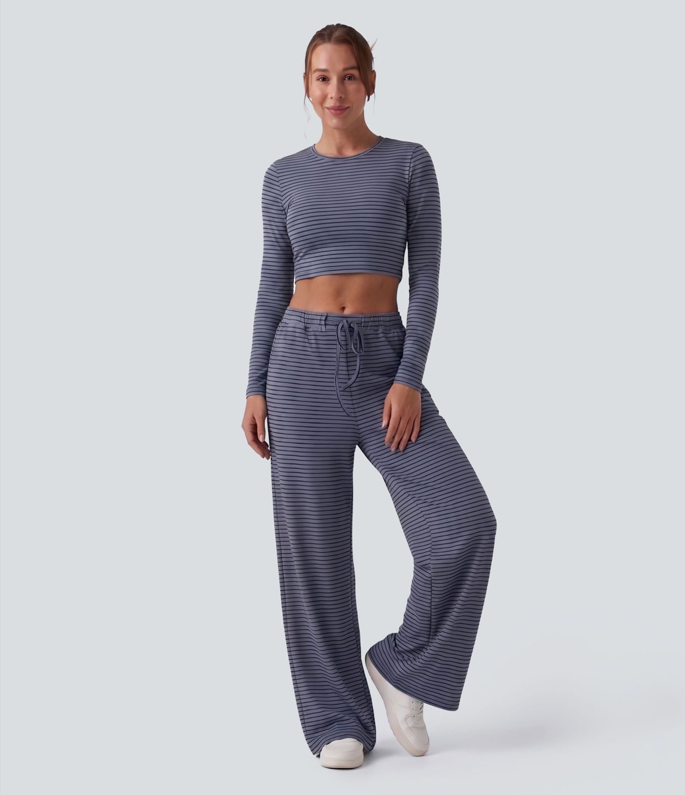 Pantalon large décontracté à rayures et taille haute avec cordon de serrage et poches