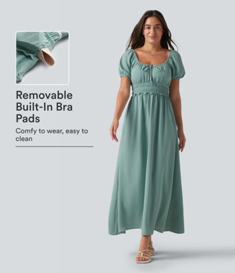 Square Neck Puff Sleeve Shirred Built-in Bra Maxi Casual Flowy Linen-Feel Dress with Pockets Square Neck Puff Sleeve Shirred Built-in Bra Maxi Casual Flowy Linen-Feel Dress with Pockets