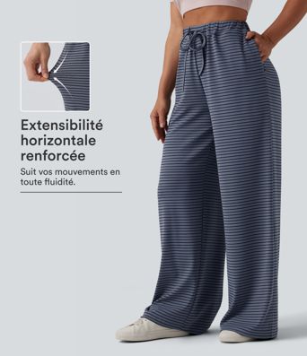 Pantalon large décontracté à rayures et taille haute avec cordon de serrage et poches