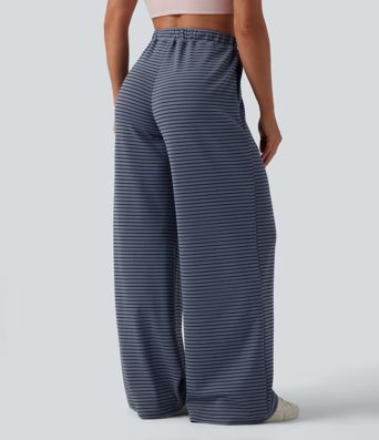 Pantalon large décontracté à rayures et taille haute avec cordon de serrage et poches