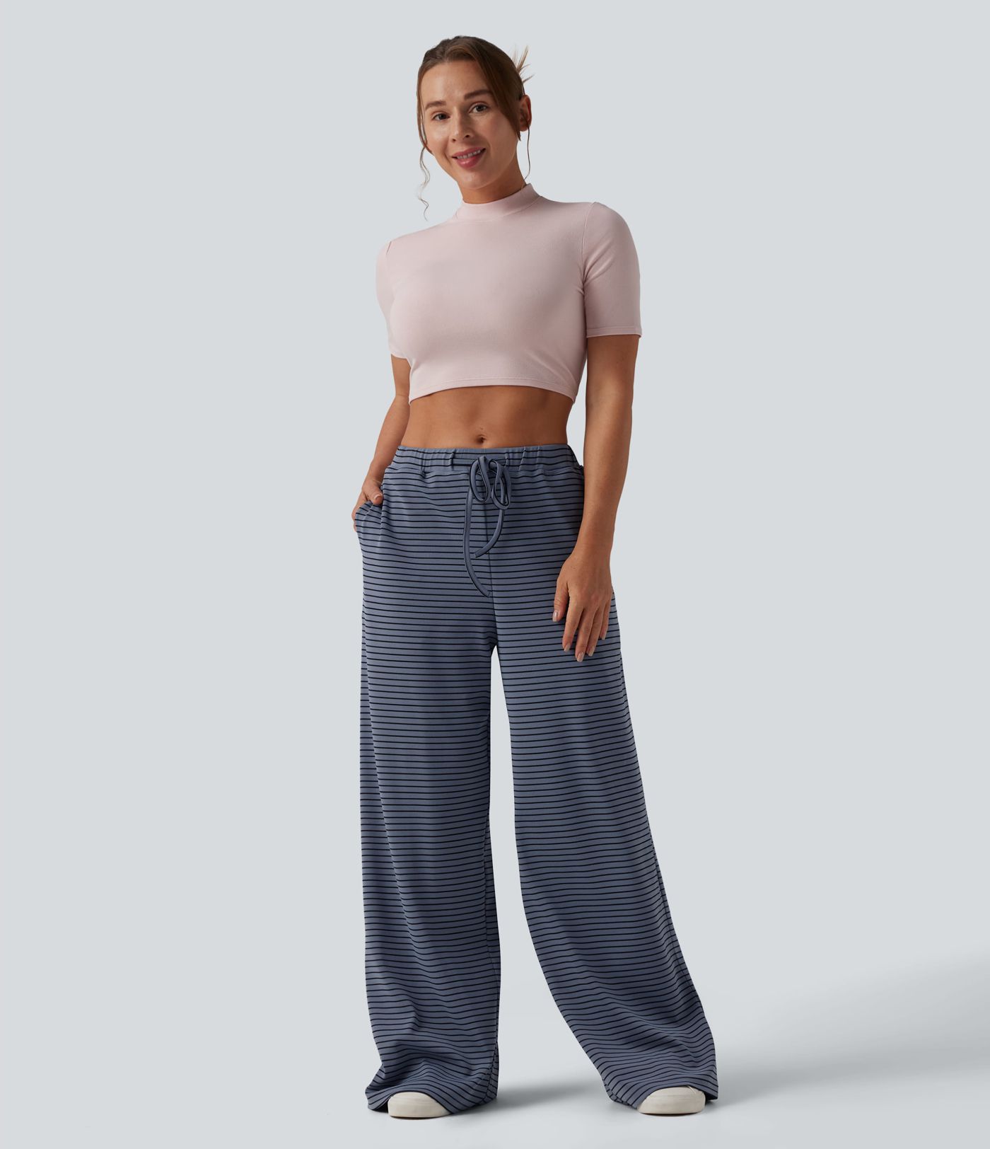 Pantalon large décontracté à rayures et taille haute avec cordon de serrage et poches