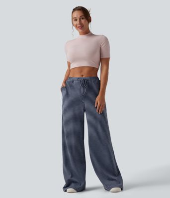 Pantalon large décontracté à rayures et taille haute avec cordon de serrage et poches
