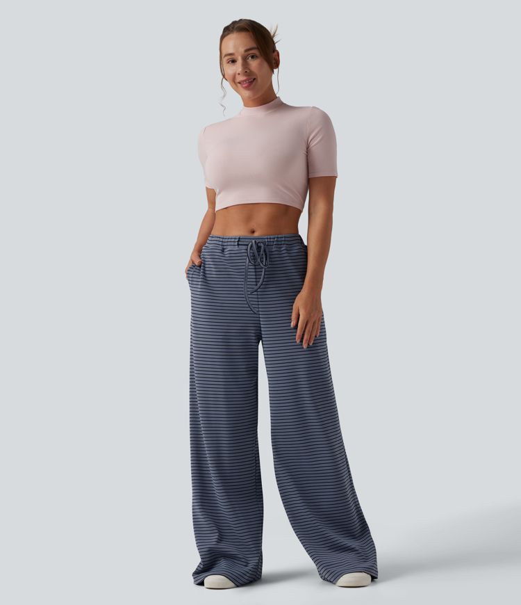 Pantalon large décontracté à rayures et taille haute avec cordon de serrage et poches