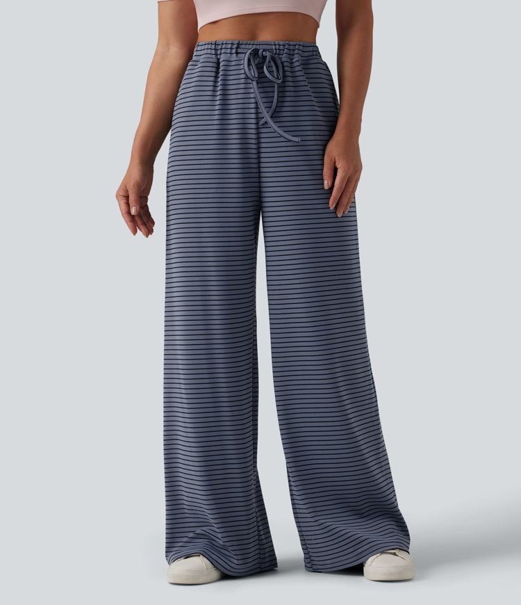 Pantalon large décontracté à rayures et taille haute avec cordon de serrage et poches