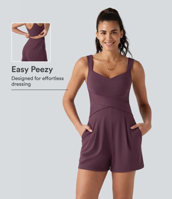 V Neck Built-in Bra Casual Romper with Pockets-Easy Peezy Edition V Neck Built-in Bra Casual Romper with Pockets-Easy Peezy Edition