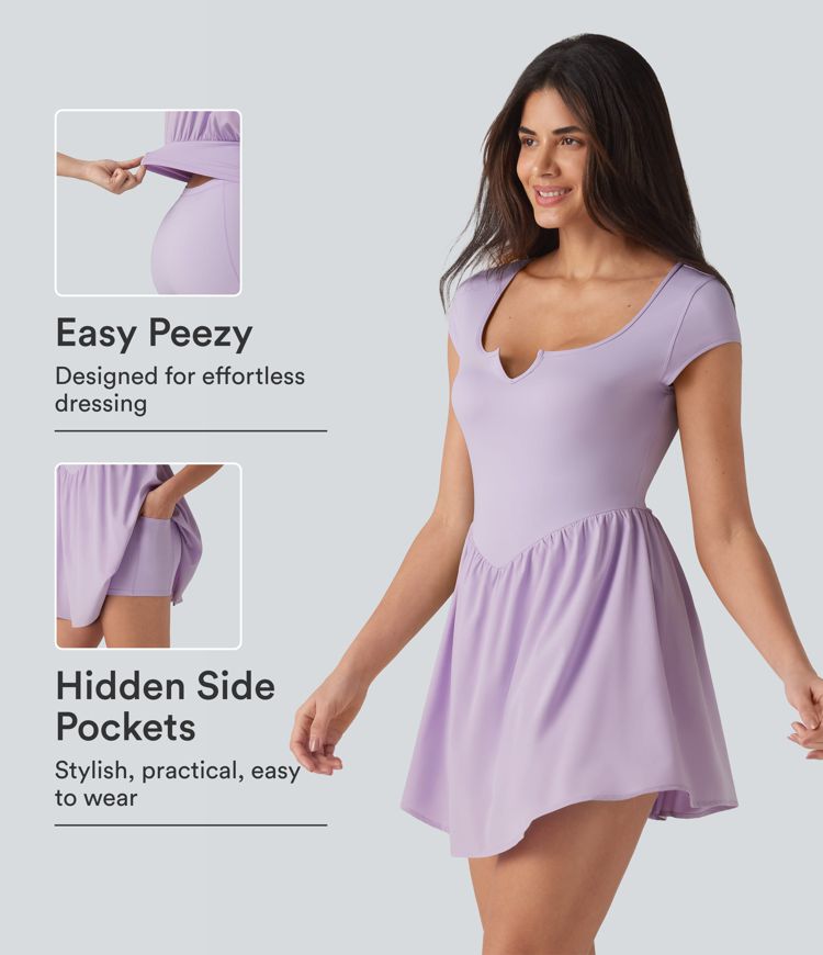 Notched Short Sleeve 2-in-1 Mini Tennis Active Dress with Pocket-Easy Peezy Edition Notched Short Sleeve 2-in-1 Mini Tennis Active Dress with Pocket-Easy Peezy Edition