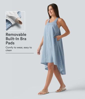 Backless Racerback High Low Built-in Bra Gingham Flowy Midi Resort Dress with Pockets