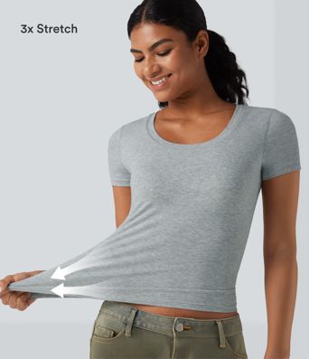 Halara Cotton Jersey Scoop Neck Short Sleeve Built-in Bra Casual T-Shirt B-DD Cups Halara Cotton Jersey Scoop Neck Short Sleeve Built-in Bra Casual T-Shirt B-DD Cups