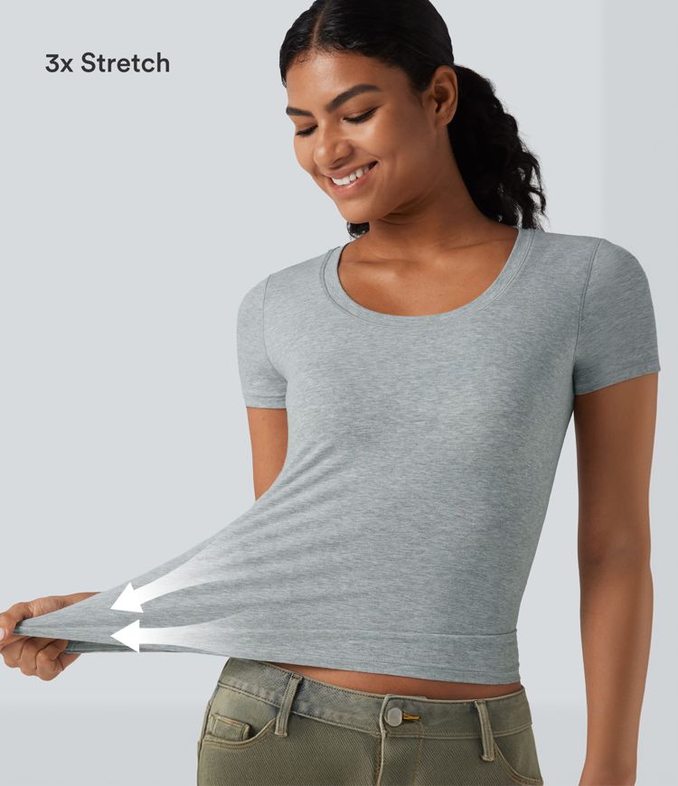 Halara Cotton Jersey Scoop Neck Short Sleeve Built-in Bra Casual T-Shirt B-DD Cups Halara Cotton Jersey Scoop Neck Short Sleeve Built-in Bra Casual T-Shirt B-DD Cups