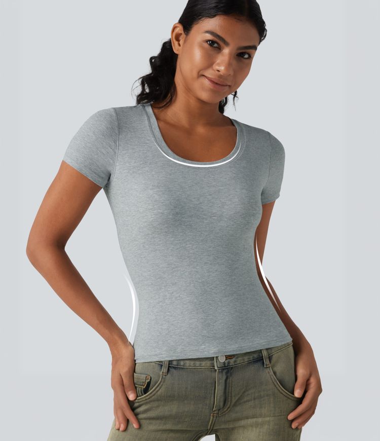 Halara Cotton Jersey Scoop Neck Short Sleeve Built-in Bra Casual T-Shirt B-DD Cups Halara Cotton Jersey Scoop Neck Short Sleeve Built-in Bra Casual T-Shirt B-DD Cups
