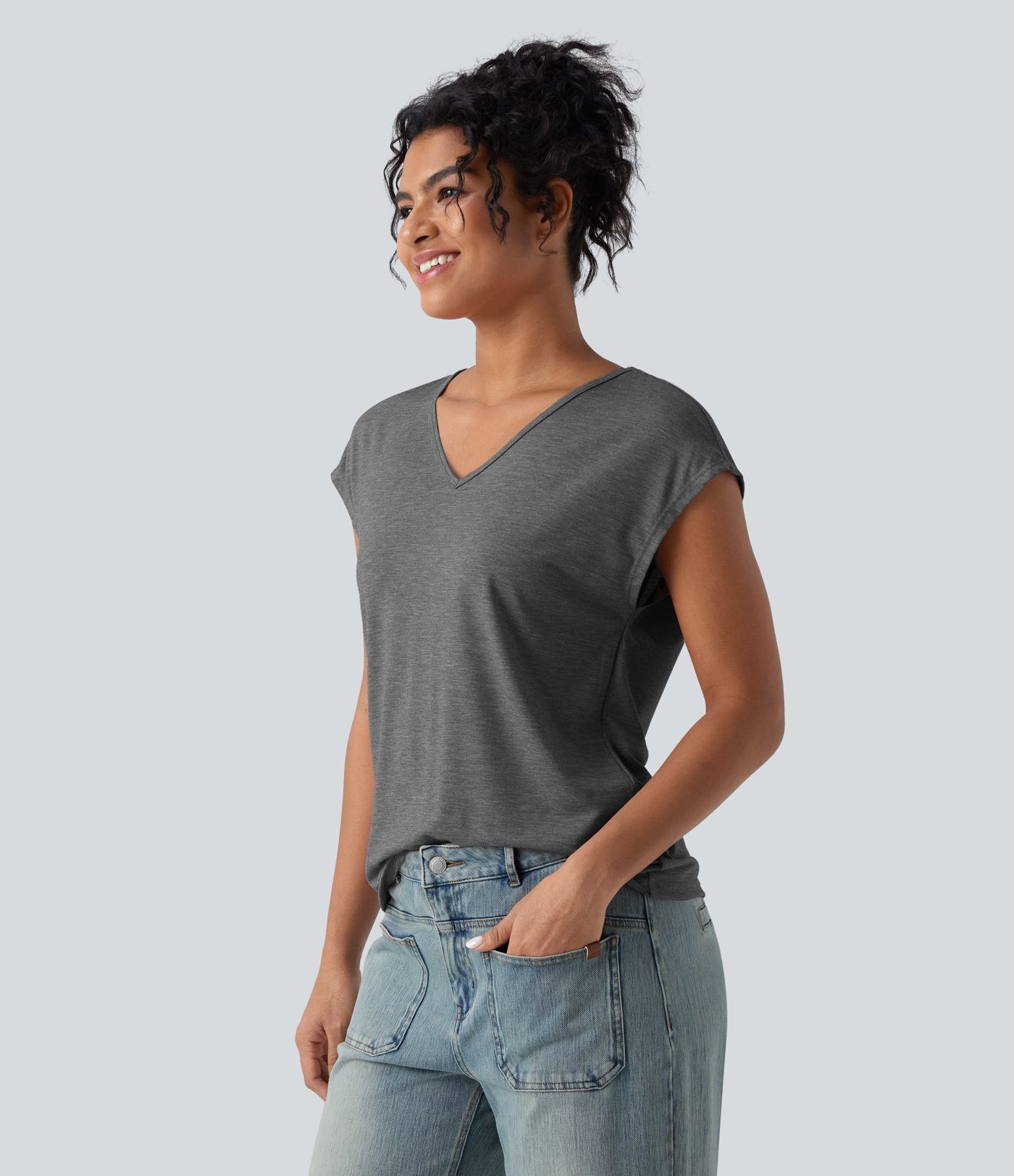 T-shirt décontracté chiné ample à manches courtes et col V