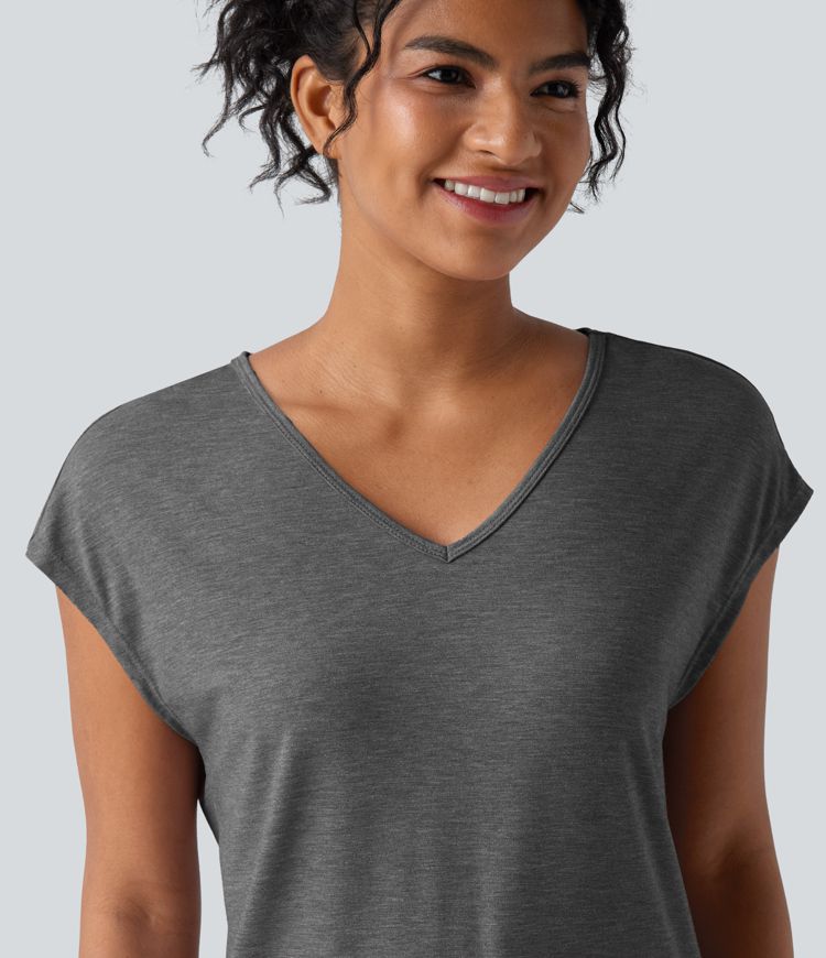 T-shirt décontracté chiné ample à manches courtes et col V