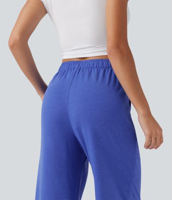 High Waisted Foldover Drawstring Side Pocket Straight Leg Casual Trousers