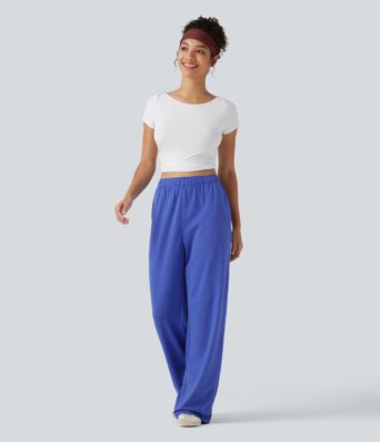 High Waisted Foldover Drawstring Side Pocket Straight Leg Casual Trousers