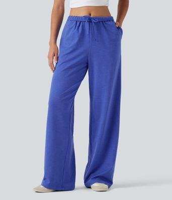 High Waisted Foldover Drawstring Side Pocket Straight Leg Casual Trousers