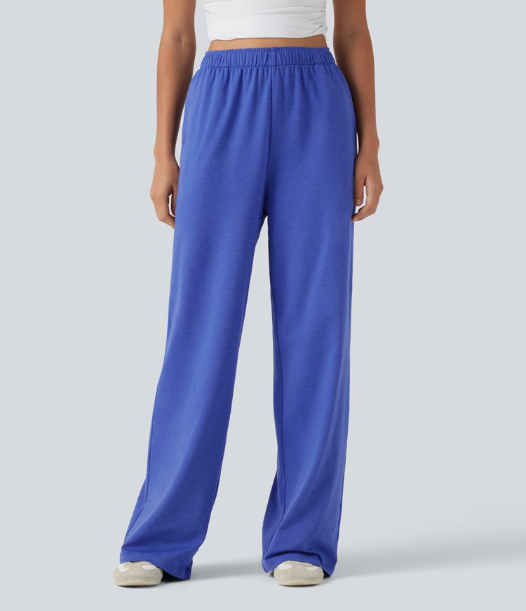 High Waisted Foldover Drawstring Side Pocket Straight Leg Casual Trousers
