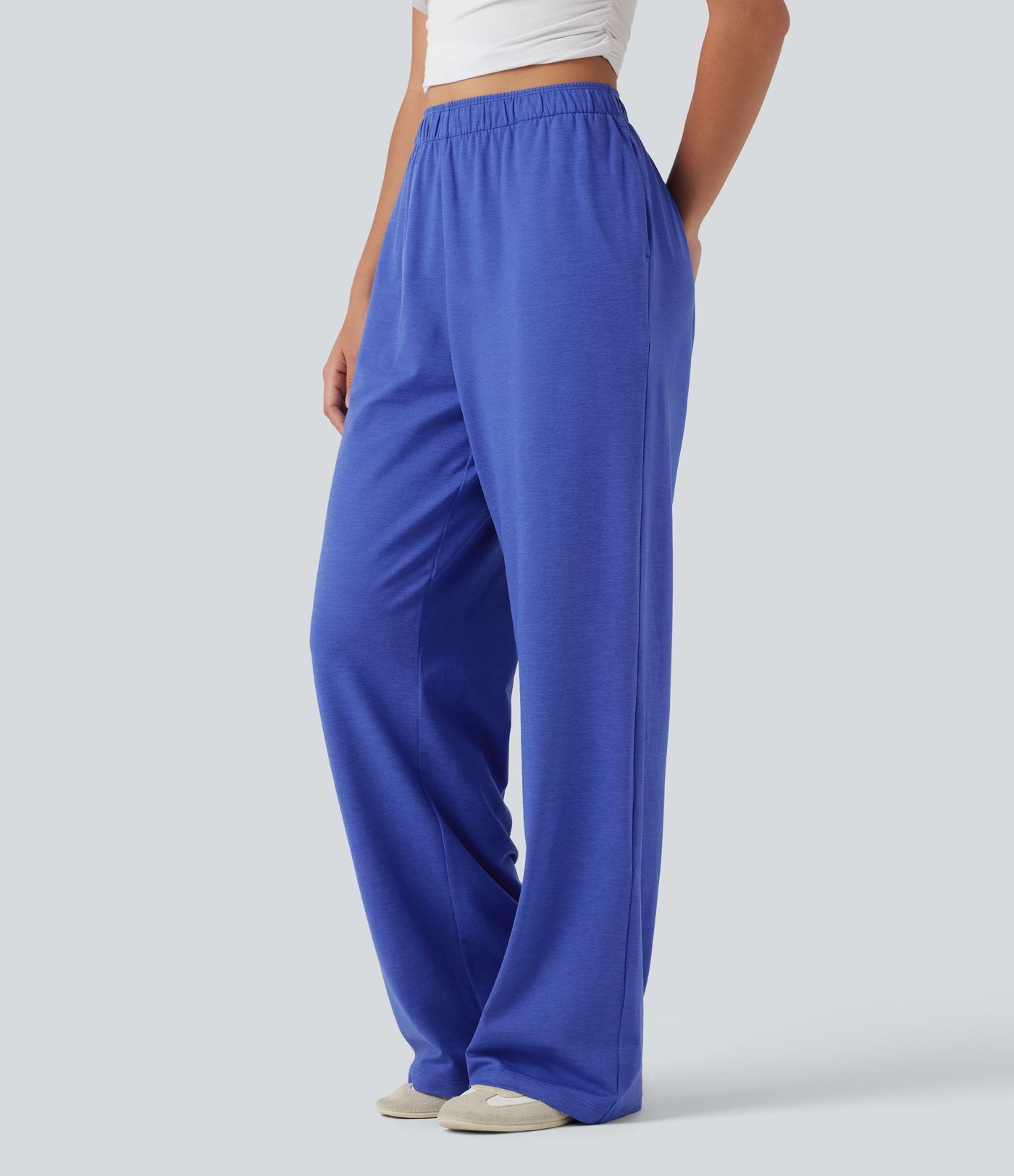 High Waisted Foldover Drawstring Side Pocket Straight Leg Casual Trousers