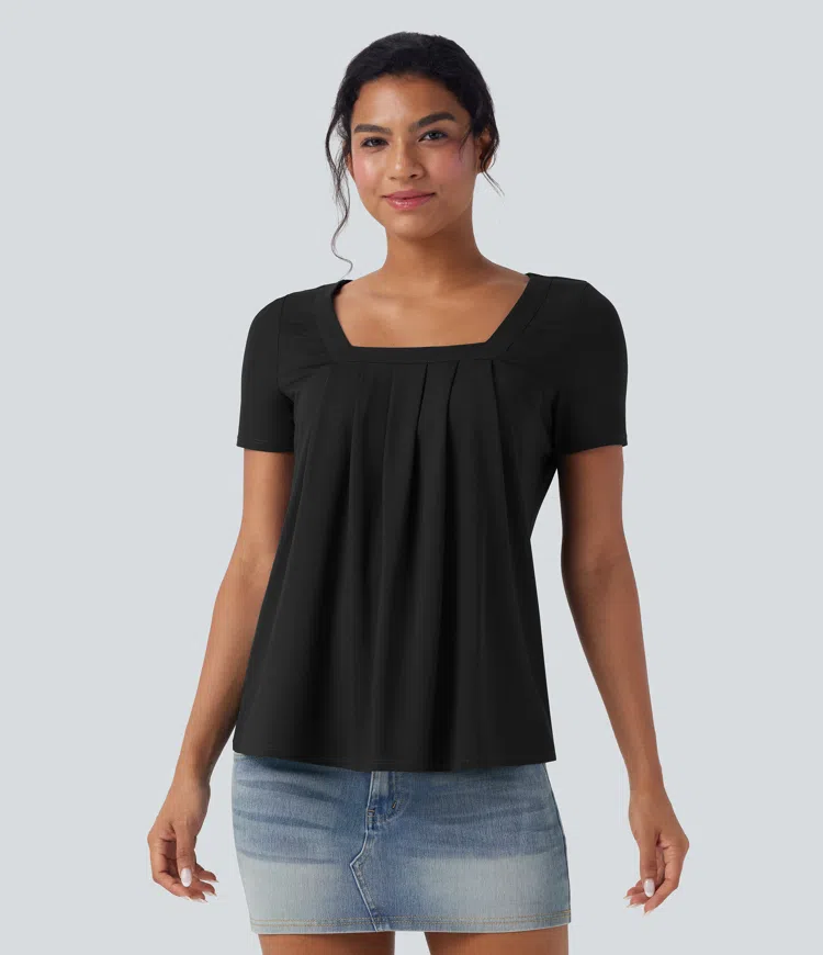 Noir Blouse à encolure carrée et manches courtes / 1