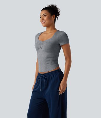 Diamond Collar Built-in Bra Short Sleeve Ruched Curved Hem Yoga Sports Top Diamond Collar Built-in Bra Short Sleeve Ruched Curved Hem Yoga Sports Top
