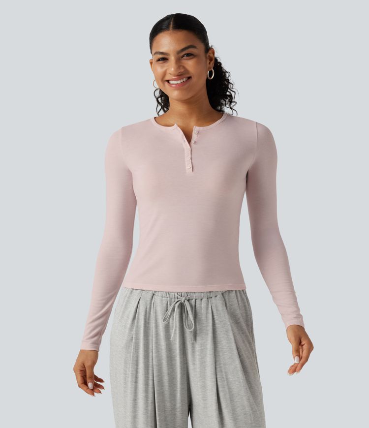 Henley Neck Long Sleeve Lounge Top