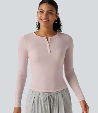 Henley Neck Long Sleeve Lounge Top