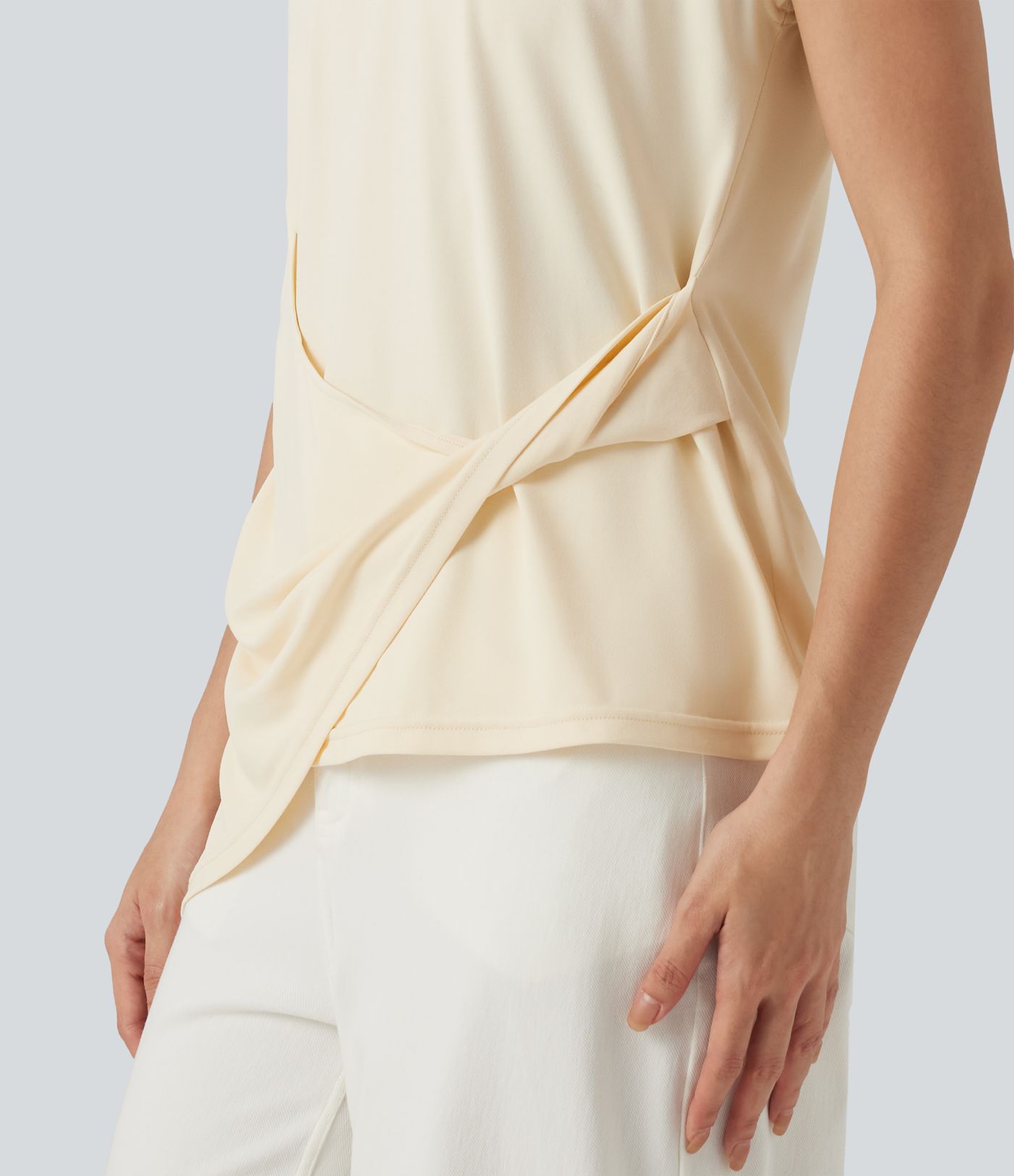 Round Neck Cap Sleeve Asymmetric Twisted Hem Casual Top