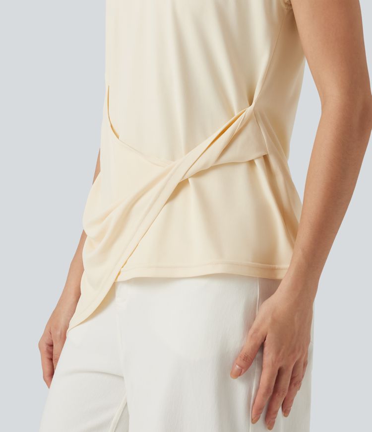 Round Neck Cap Sleeve Asymmetric Twisted Hem Casual Top