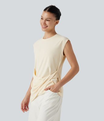 Round Neck Cap Sleeve Asymmetric Twisted Hem Casual Top