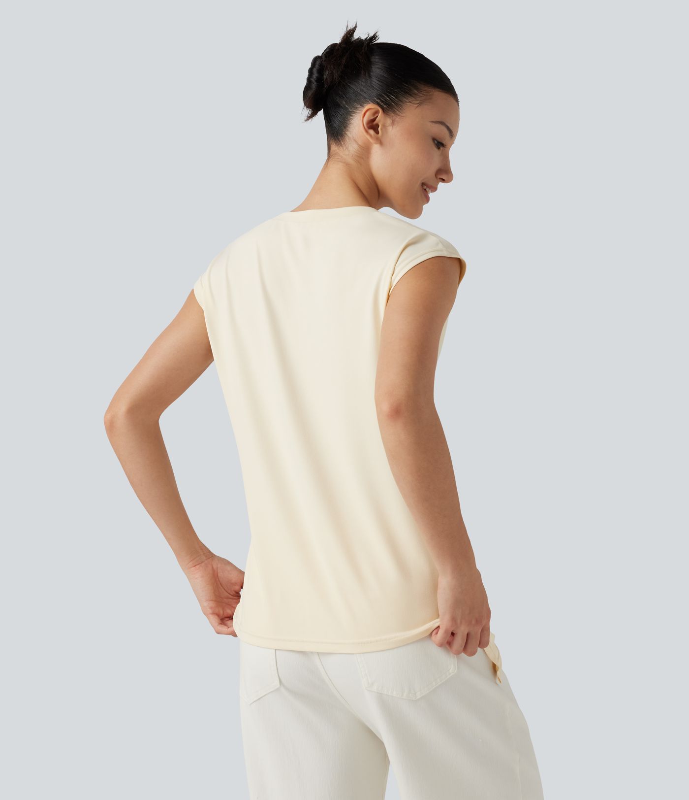 Round Neck Cap Sleeve Asymmetric Twisted Hem Casual Top