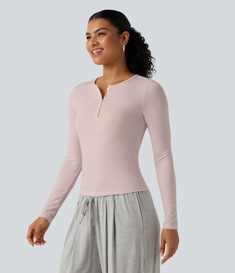 Henley Neck Long Sleeve Lounge Top