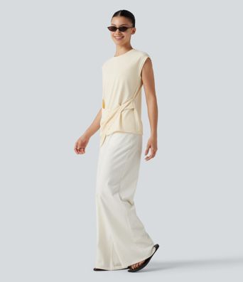 Round Neck Cap Sleeve Asymmetric Twisted Hem Casual Top