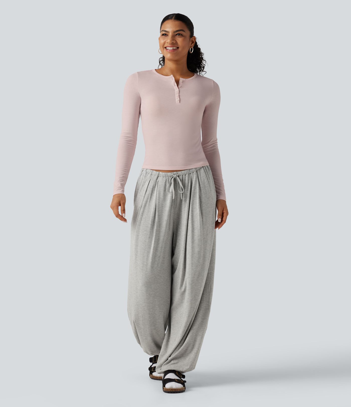 Henley Neck Long Sleeve Lounge Top