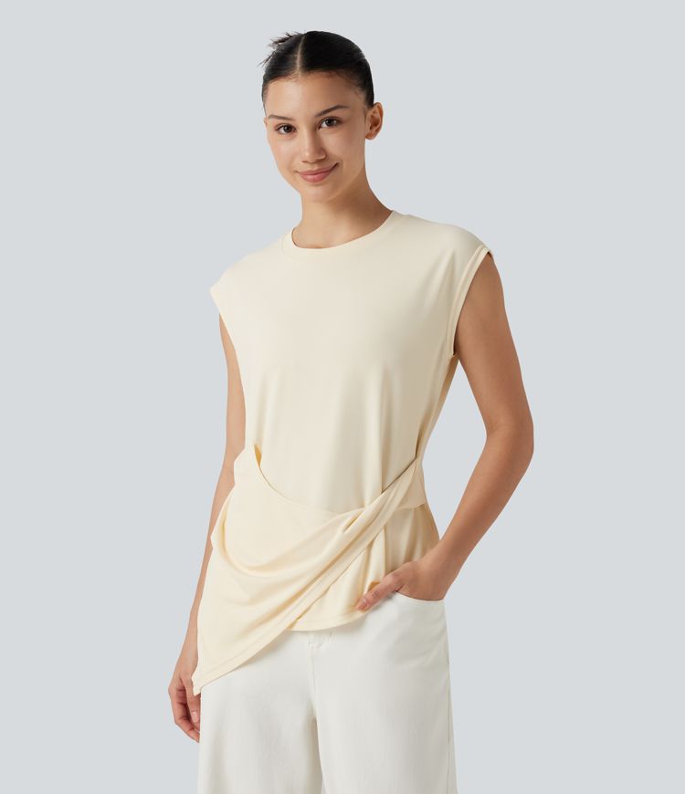 Round Neck Cap Sleeve Asymmetric Twisted Hem Casual Top